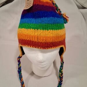 Rainbow Trapper 100% Wool Ear Flap Beanie : Handmade In Nepal : NWT